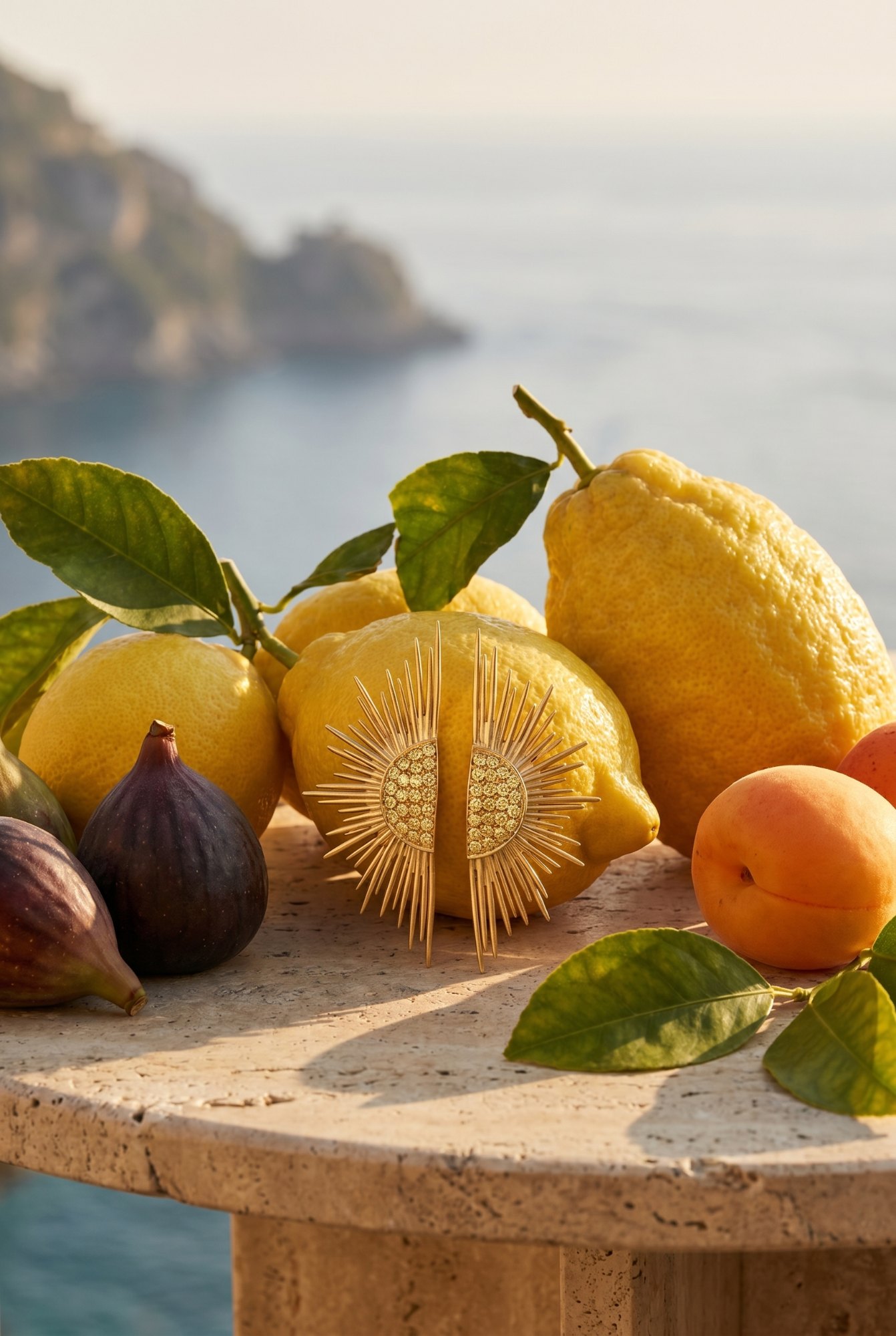 Still life con orecchino Antoine Rivelazione in oro a raggi di sole con pavé di diamanti, tra limoni, fichi e albicocche