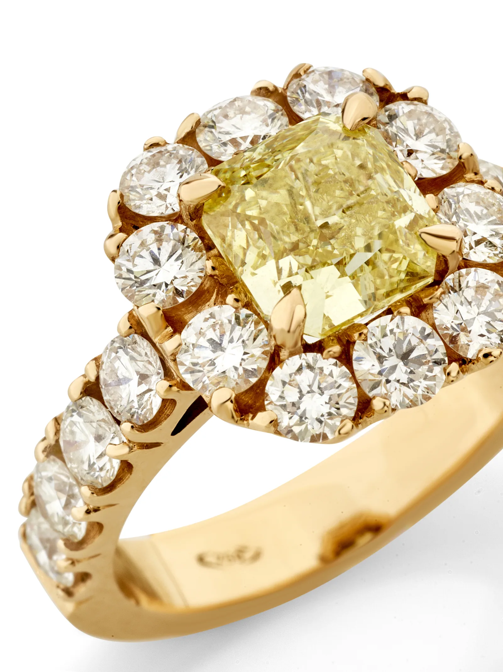 Il diamante giallo e l’aureola di diamanti bianchi in dettaglio